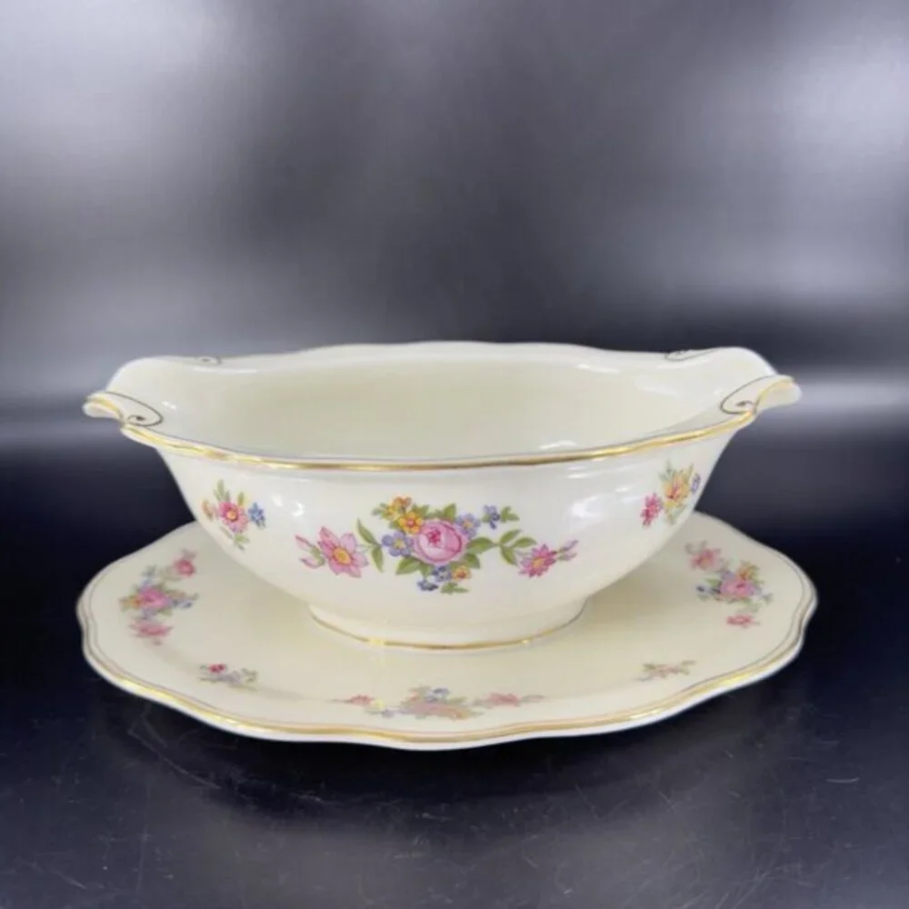 Vintage Baronet Bohemian‎ Rose Czechoslovakia Pink Gravy Boat W Under Plate Vtg